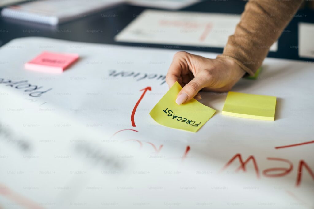 Closeup of businesswoman adding sticky note with ‘Forecast’ on it to a planning board