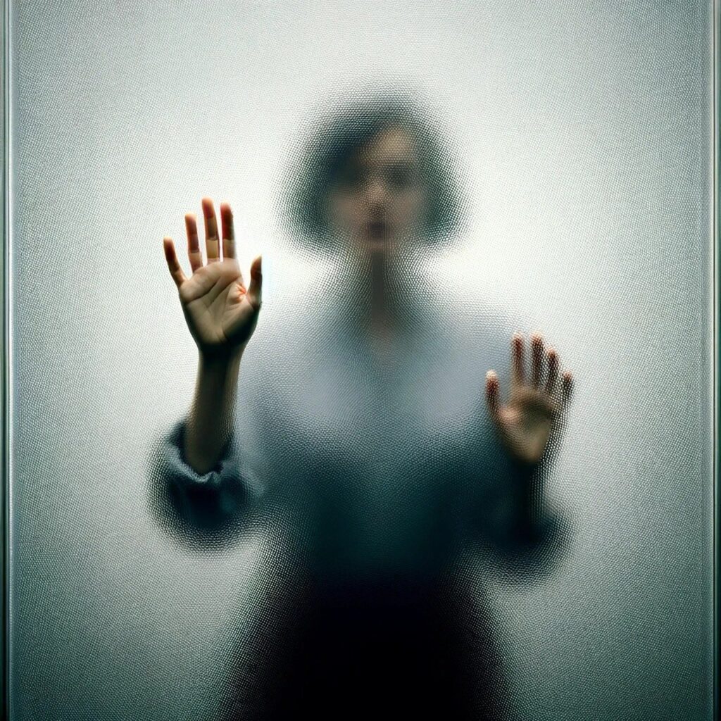 A woman behind a frosted window with her hands on the glass