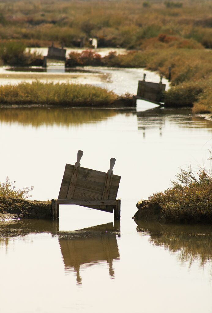 Brown wooden sluice gates on a lake